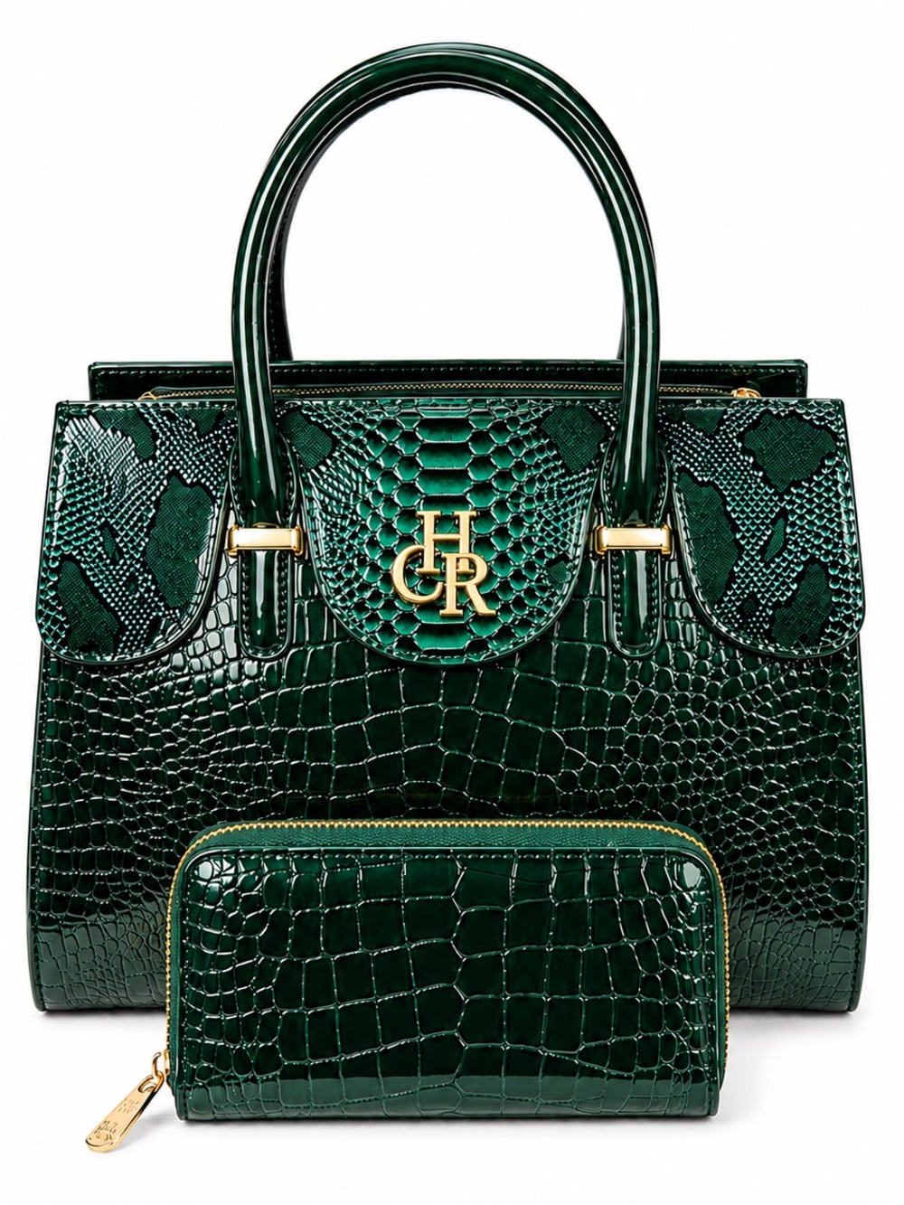 CR Handbag Set in Dark Green Croc-Embossed Leather